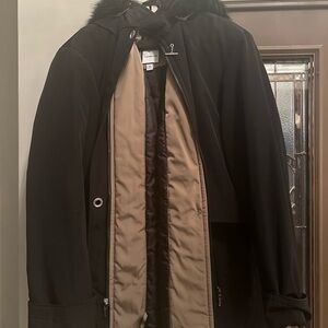 Calvin Klein Black Tan Puffer Jacket with High Collar and Insulated Lining